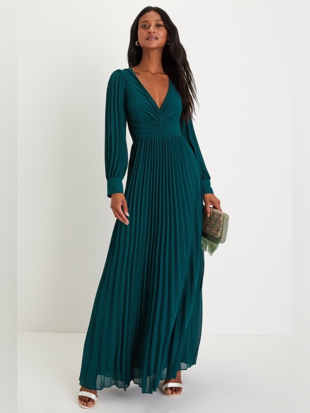 NWOT Lulus Size Small -Grace Emerald Green Pleated Long Sleeve Maxi Dress